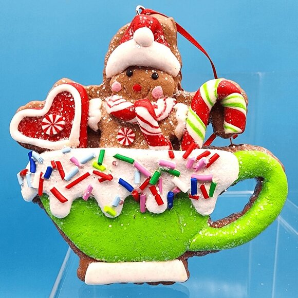 Gingerbread Man in Green Cup Ornament Clay Dough Faux Cookie Fake Bake Xmas v3 - Picture 2 of 9